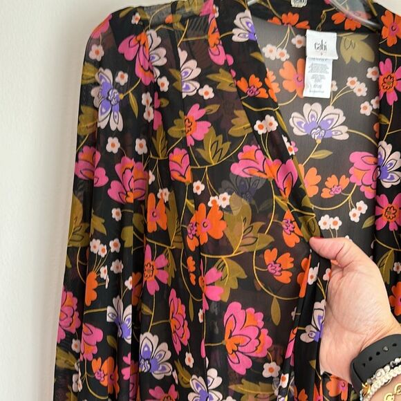 CAbi Women Mingle Kimono Duster Coverup Mesh Floral Tie Belt Black U0026 small! - Picture 3 of 11